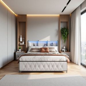 Lit Double 160x200 - B&eacute;ige Velours - Rangement Tiroirs - LED Int&eacute;gr&eacute;e - Chargeurs USB