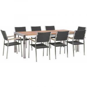 Beliani Table de jardin plateau bois eucalyptus 220 cm et 8 chaises en rotin noir GROSSETO