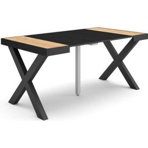 Skraut Home - Table console extensible, Console meuble, 160, Pour 8 personnes, Pieds bois massif, Style moderne, Chêne et noir