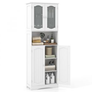 Colonne De Salle De Bain Haute Costway-4 Portes (2 En Verre Dépoli Trempé)-Compartiment Ouvert-Étagères Réglables-60 X 30 X 164cm