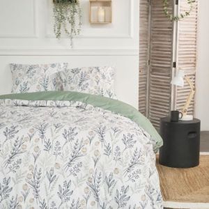 Today Parure de lit double en flanelle de coton imprimé floral - Blanc/Vert - 220 x 240 cm
