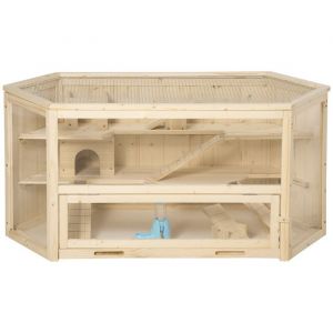Pawhut Cage &agrave; hamster - 3 niveaux - bascules fen&ecirc;tres bouteille deau cabanes toit articul&eacute; - 115x60x55 cm - effet bois naturel
