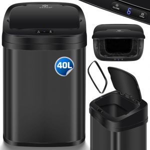 KESSER Poubelle de cuisine à capteur de 40 l, automatique, avec détecteur de mouvement, couvercle à fermeture amortie, avec panneau de commande tactile et capteur, écran LCD, acier inoxydable, avec