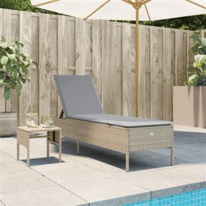 VidaXL Chaise longue avec table et coussin beige résine tressée, transat, lit de repos de jardin, meuble d'extérieur, chaise longue d'extérieur