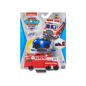 Coffret pat patrouille v&eacute;hicule en m&eacute;tal : le camion pompier marcus 13 cm + voiture police chase 7 cm - miniature rouge - bleu