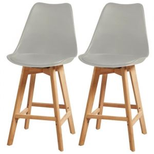 Image de BJORN Lot de 2 tabourets de comptoir pieds en bois tre m if Revêtement simili gris Scandnave ise H 65cm