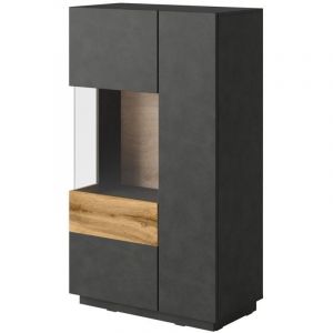 Image de Buffet haut avec led collection kiles deux portes. Coloris gris anthracite et chêne. Porte vitrée à gauche - Gris