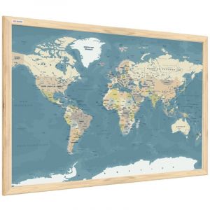 Tableau magnétique image carte du monde couleurs pastels 60x40cm dans un cadre en bois naturel
