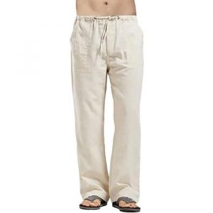Pantalon De Loisir Homme - Coton Lin - Kaki - Coupe Loose - Confortable Respirant