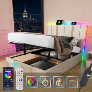 Oem Lit Coffre Simple 90x200 avec LED, Rangement Hydraulique et T&ecirc;te de Lit USB - Lit 1 Place Adulte/Ado - Lin Beige