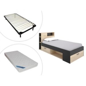 Lit avec tête de lit rangements et tiroir - 90 x 190 cm - Anthracite et naturel + matelas + sommier - LEANDRE