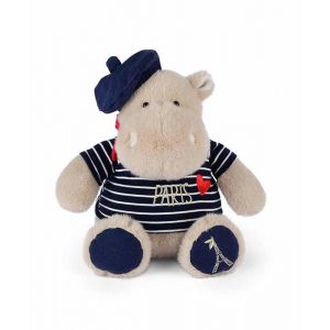 Doudou et Compagnie Peluche Hippopotame Béret Et Marinière - 28 Cm - Collection Amour de Paris - Doudou Peluche Doux et Chic - Avec Broderie Paris - Idée Cadeau Souvenir Enfants et Adultes - SP4291