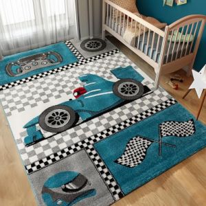 Image de Tapis pour enfants avec un design de voitures de course pour la chambre de bébé facile entretenir Couleur: Bleu Taille: 160 x 230 cm