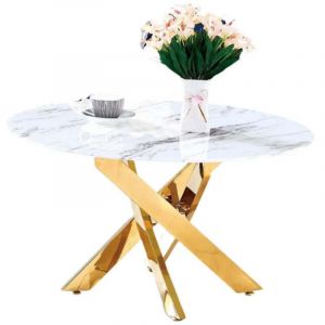 Table basse ronde JESSY pieds Gold et plateau en verre MARBRE BLANC 80 cm