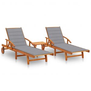 VidaXL Chaises longues 2 pcs avec table et coussins Acacia solide Gris