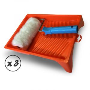 Image de Kibros Bac à peinture plat (Kit anti-gouttes) - Lot de 3 - Rouleau à poils longs polyester - Largeur 18 cm - Diamètre 8 cm