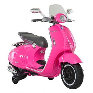Homcom Scooter Moto Électrique Enfant Vespa 6v 30w 2 Roulettes Auxiliaires Effets Sonores Lumineux Rose