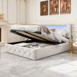 Lit 160x200 cm avec LED - lit coffre 160x200 avec sommier &agrave; lattes - cadre de lit adulte - tissu en velours - blanc cass&eacute;