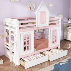 Lit superposé enfant 90 x 200 cm avec toit et fenêtre, grille antichute, garde-corps, 2 tiroirs, étagère, blanc et rose