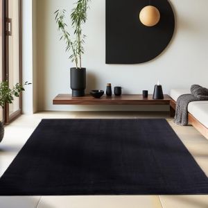 Homebyhome Tapis salon 160x200 cm Noir Uni moderne et moelleux à poil court, avec sous-couche antidérapante, lavable