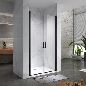 KAYA-BLACK Porte de douche H. 180 x L. 77-80 cm verre transparent anticalcaire, profilés alu noir