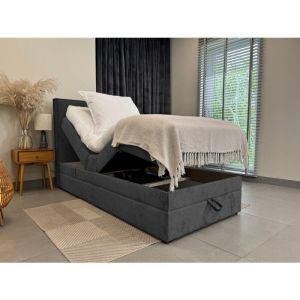 Lit adulte 120x200 SORRENTO - ensemble relaxation &eacute;lectrique, matelas ressorts ensach&eacute;s, rangement, surmatelas en tissu gris fonc&eacute;