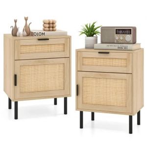 Costway Lot De 2 Table De Chevet En Rotin Avec Tiroir Et Porte, Pieds Métalliques Pour Salon, Chambre, 45 X 30 X 59 Cm, Naturel