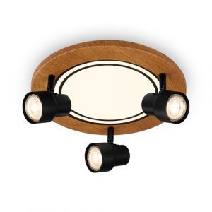 BRILONER - Plafonnier LED avec spots, lumière blanche chaude, plafonnier orientable, lampe LED en bois, lampe de salon 12W avec fonction mémoire, 300x155 mm (DxH)