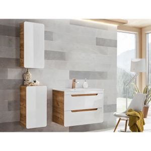 Meuble de salle de bain suspendu avec vasque à encastrer et deux colonnes - 80 cm - Coloris naturel et blanc - ARUBA