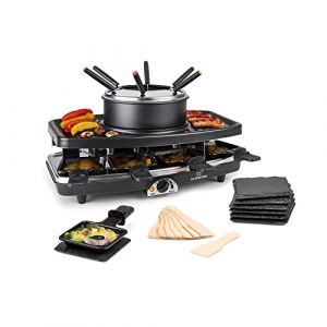 Klarstein Entrecôte 2-in-1 combiné Raclette Fondue - Raclette Grill 1100W 8 personnes, plateau en métal & pierre naturelle, pour la fondue électrique, avec dessous de poêlon + spatule en bois - Argent
