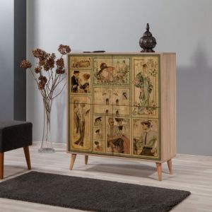Emob Buffet 4 portes Soho 95x111cm Motif Tableaux vintages, Dames victoriennes Bois Naturel