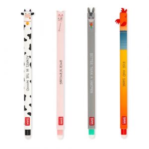 Legami Lot de 4 stylos gel effaçables Farm Sweet Farm, stylos avec encre effaçable thermosensible, noir, rose, vert, rouge, effacer sans consommer la feuille, pointe 0,7 mm