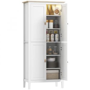 Homcom Armoire de cuisine led - 4 portes, 6 niveaux - poignée bouton doré effet cuir mdf blanc effet bois