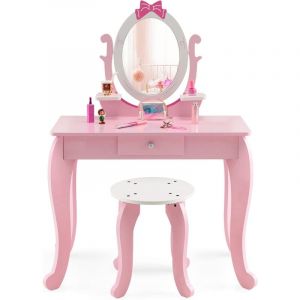 GOPLUS Coiffeuse pour Enfants avec Grand Tiroir et 2 &Eacute;tag&egrave;res, Ensemble Coiffeuse et Chaise avec Miroir,avec Motif de N&oelig;ud Papillon