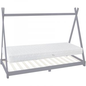 Lit d'Enfants Tipi 90x200 cm Gris Clair avec Matelas à Mousse Froide, H:16 cm, Housse Amovible, Sommier à Lattes, Style Indien, Lit en Bois de Pin