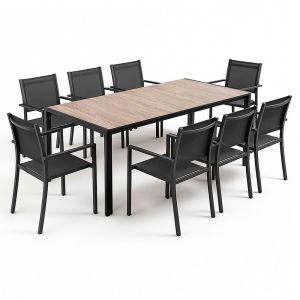 Oviala Ensemble table de jardin en aluminium effet bois et 8 fauteuils noirs