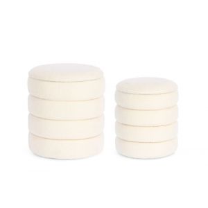 Hellin Bizzotto - Lot de 2 poufs rond 33,5 et 40 cm en tissu bouclette blanc - sherpa