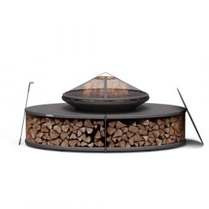 Blumfeldt Ebeko Brasero Exterieur - Barbecue & Table, 3-en-1 Brasero en Acier Durable, Pare-Étincelles & Tisonnier Inclus, Rangement Bûches, Housse