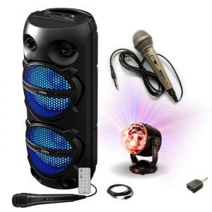 Pack Enceinte Bluetooth Karaok&eacute; 300W 2x8'' LED TWS Party PLUTON - 2 micros - Boule Disco RGB LED Effet Astro KIDZ-DISCO