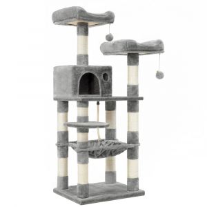 Arbre À Chat Hauteur 143 Cm, Tour De Jeux Pour Chat, Avec 11 Poteaux À Griffer, 2 Plateformes, 1 Niche, 1 Hamac, 2 Pompons, En Tissu Peluche, Plusieurs Niveaux, Gris Clair