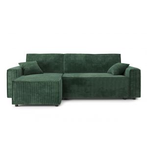 Image de Canapé d'angle convertible MIRA - velours côtelé vert - 252 x 140 x 85 cm - coffre de rangement