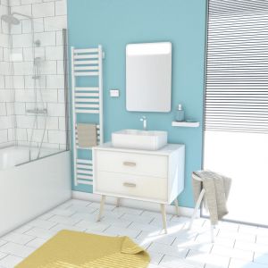 Image de Aurlane MEUBLE SALLE DE BAIN SCANDINAVE BLANC 80 CM SUR PIEDS AVEC TIROIR, VASQUE A POSER ET MIROIR LED - NORDIK BASIS LED 80