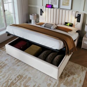 Lit coffre capitonné double 180 x 200 cm avec sommier à lattes, lampe de lecture avec fonction de chargement usb, coton, beige, sans matelas