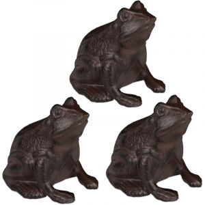 Relaxdays Figurine de jardin grenouille, lot 3, assise, en fonte, apparence antique, &eacute;tanche, figurine grenouille, marron