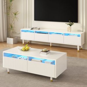 Ensemble de salon 2 pièces – Meuble TV avec 4 portes et table basse avec 2 tiroirs – Éclairage LED – Blanc