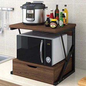 BAKAJI - Étagère pour Micro-Ondes, Structure en métal avec étagère en Bois MDF et tiroir Organisateur, Porte-ustensiles de Cuisine, Design Moderne, 54 x 35 x 50 cm (Noyer)