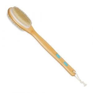 Relaxdays Brosse pour le dos, 2 côtés utilisables, manche, 44 cm, patins antidérapants, pour se doucher, nature - blanc