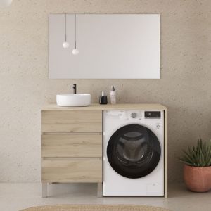 Meuble lave linge 124cm avec plateau et vasque ronde - 3 tiroirs - nebraska (chêne clair) - CRUZ
