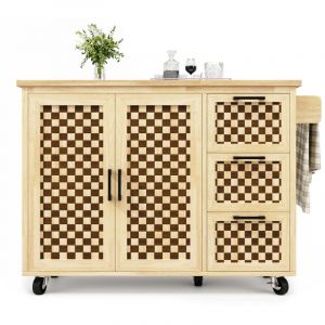 &Icirc;lot central de cuisine mobile - Plateau extensible - 120x75x92cm - 3 portes - &eacute;tag&egrave;res ouvertes - avec porte-serviettes - MDF - mosa&iuml;que - Naturel