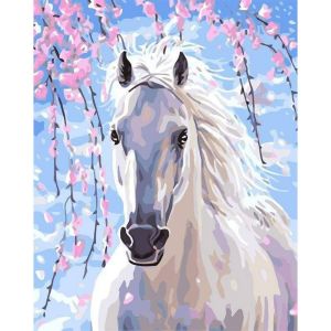 Peinture au numéro : Cheval et fleurs blanches - toile tendue sur châssis